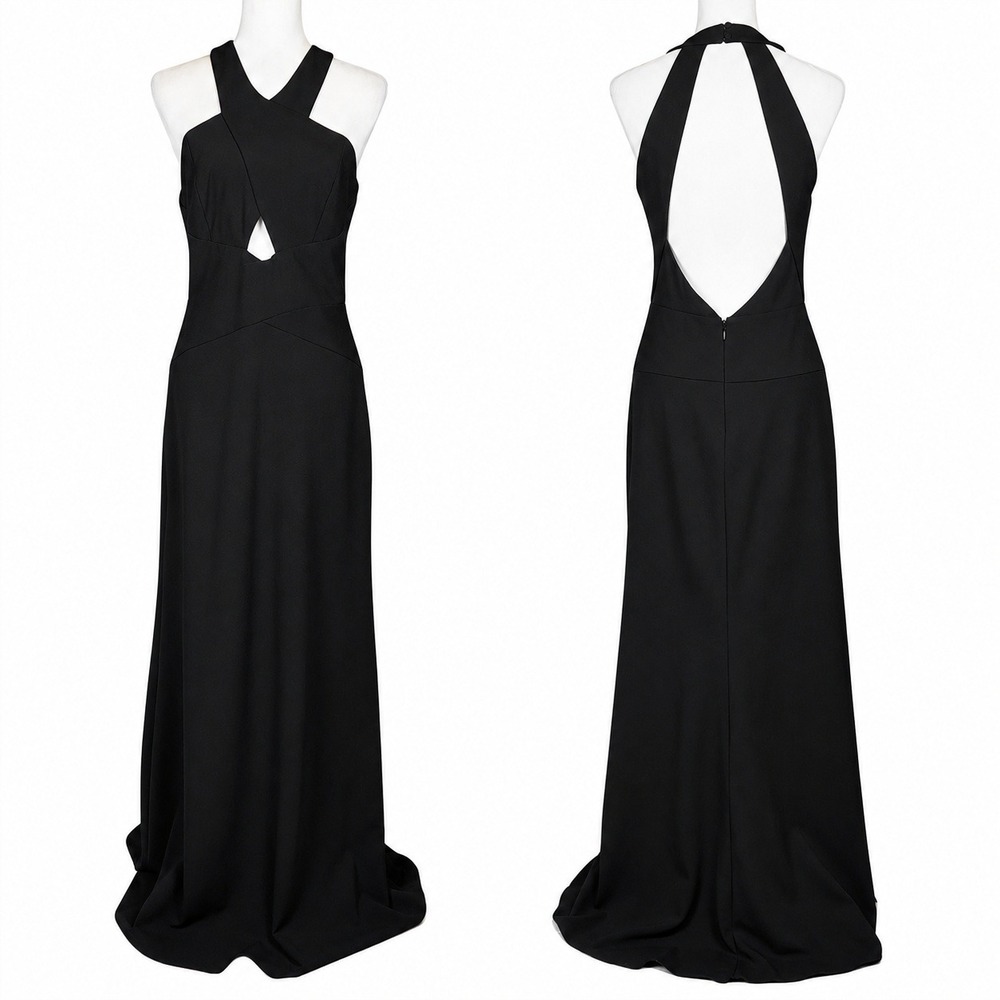 BCBGMAXAZRIA Formal Halter Dress Gown Womens 10 Black Open Back Evening Party
